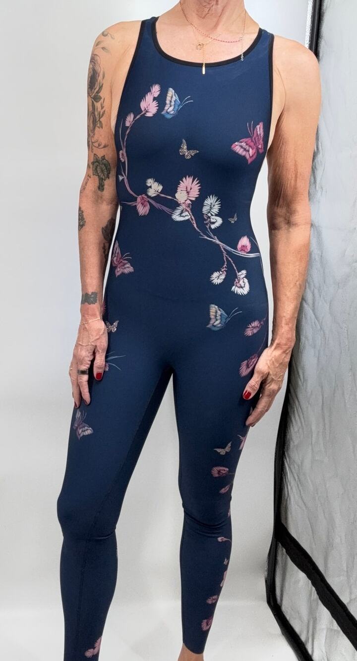 Ultracor Navy Floral Butterfly Bodysuit Jumpsuit Mesh Back Small NWOT